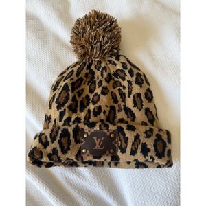 Leopard Print Pom Pom Beanie w/ Repurposed Louis Vuitton Monogram Patch Brown
